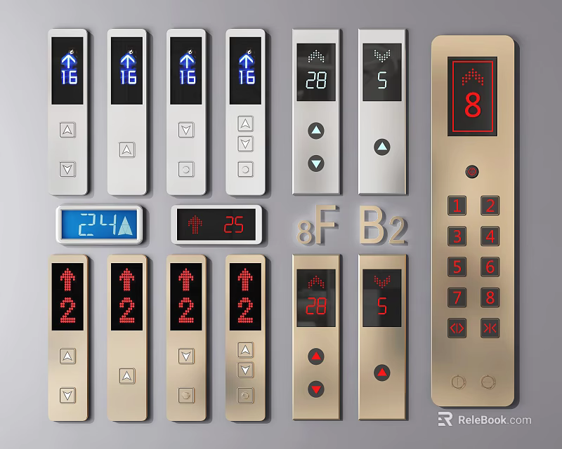 Various Elevator Control Panels Featuring Digital Displays And Floor Number Buttons 3d model 