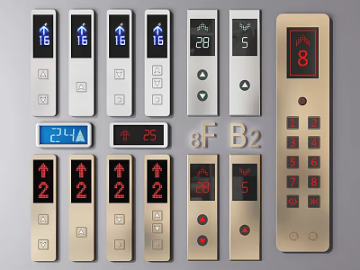 Various Elevator Control Panels Featuring Digital Displays And Floor Number Buttons 3d model