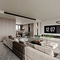 Modern Living Dining Room Interior With TV Sofa Dining Table Pendant Light And City View