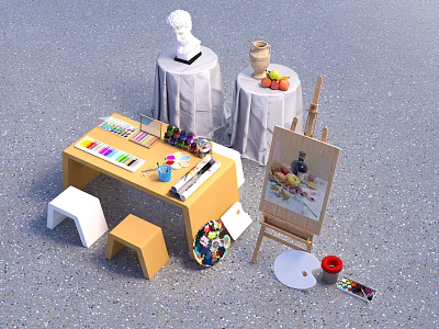 Art Supplies Setup With Easel Paints Brushes Palette And Still Life Sculpture Fruits 3d model