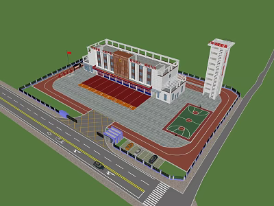 Fire Station Building Design With Training Ground National Flag And Fire Vehicles 3d model