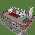 Fire Station Building Design With Training Ground National Flag And Fire Vehicles