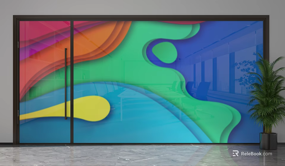 Colorful Glass Partition With Wavy Patterns For Modern Office Interior Design 3d model 