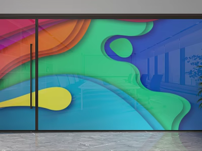 Colorful Glass Partition With Wavy Patterns For Modern Office Interior Design 3d model