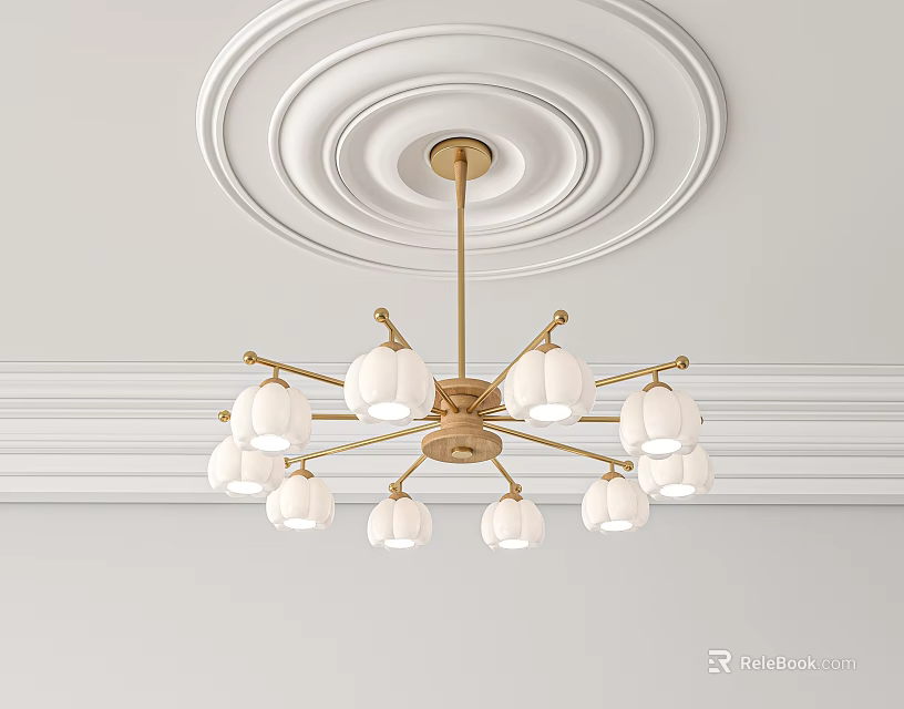 Elegant Golden Chandelier with Multiple White Lampshades Hanging from Ornate Ceiling 3d model 