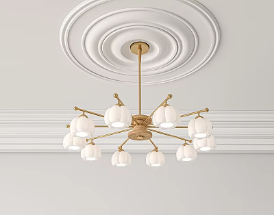 Elegant Golden Chandelier with Multiple White Lampshades Hanging from Ornate Ceiling 3d model