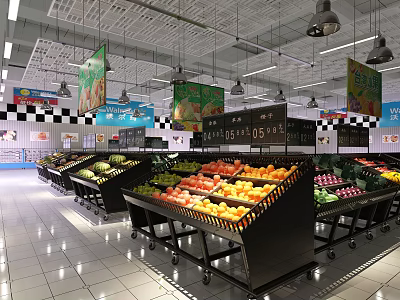 Supermarket Department Store Fruit Section With Shelves Of Various Fresh Fruits Bright Lighting And Billboards 3d model