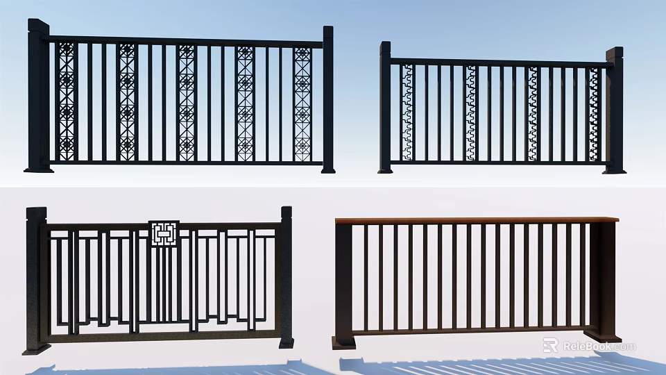 Decorative Metal Fences With Ornate Patterns And Various Designs In Black Brown 3d model 