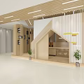 Modern Front Desk Reception Area Design With Wooden Slats And Potted Plants