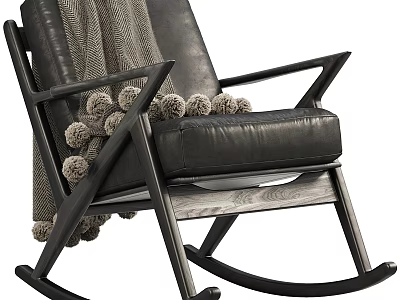 Black Leather Rocking Chair With Wooden Frame And Gray Pom Pom Blanket 3d model