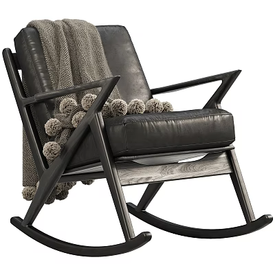 Black Leather Rocking Chair With Wooden Frame And Gray Pom Pom Blanket 3d model