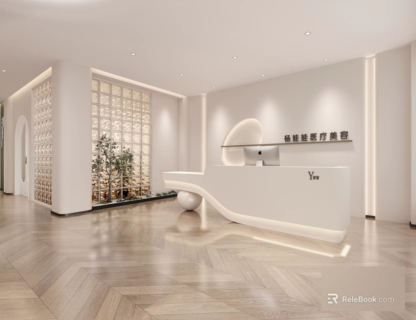 Modern Minimalist SPA Sauna Reception Area With White Design Wooden Floor And Plant Decoration 3d model 