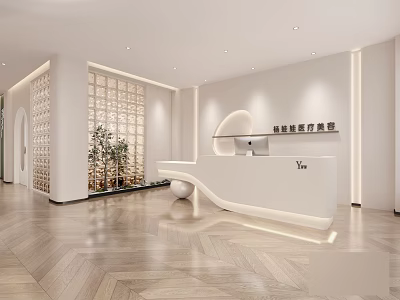 Modern Minimalist SPA Sauna Reception Area With White Design Wooden Floor And Plant Decoration 3d model