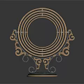 Ornamental Decorative Set With Circular Metal Frame Gold Blue Accents And Curved Design Elements