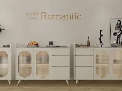 Romantic Luxury White Sideboard With Glass Doors Drawers And Decorative Items On Wall 3d model
