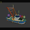 Cartoon Scene With Colorful Boat Red Crane Blue White Hull And Orange Buoys