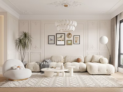 Elegant Modern Living Room Interior With White Beige Sofa Round Armchair Rug And Floor Lamp 3d model