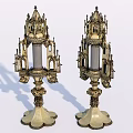Ornate Decorative Ornament Set With Symmetric Gothic Architectural Candle Holders And Metallic Base