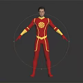 Superhero Character In Red Bodysuit With Golden Patterns Standing Arms Outstretched Dark Background