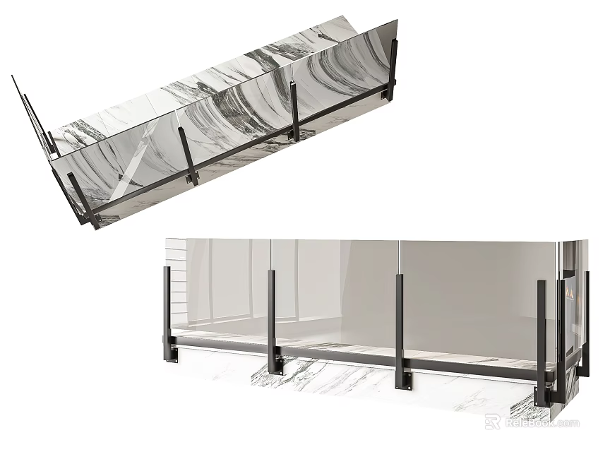 Modern Glass Railing Design With Black Metal Frame And Marble Base 3d model 