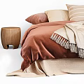 Cozy Double Bed With Brownish Orange Bedspread Striped Pillows Soft Throw Blanket And Wooden Stool