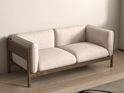 Light Beige Fabric Two Seater Sofa With Wooden Frame And Modern Minimalist Design 3d model