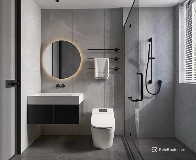 Modern Bathroom With Gray Wall Round Backlit Mirror Wall Mounted Vanity Smart Toilet Shower Area 3d model 