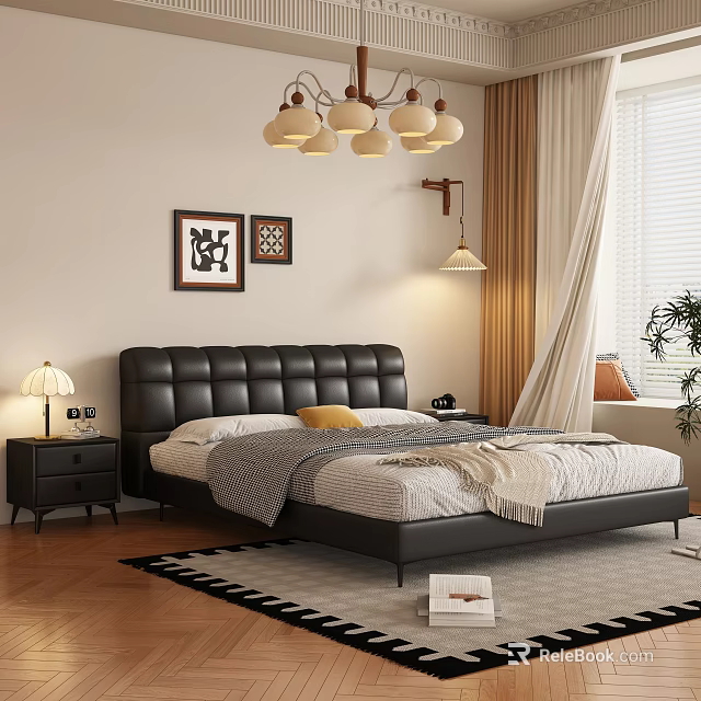 Modern Bedroom With Tufted Leather Headboard Gray Comforter Yellow Pillow Nightstands Table Lamp And Artworks 3d model 