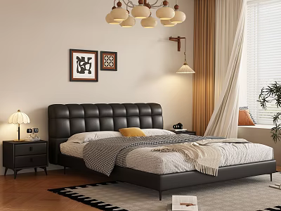 Modern Bedroom With Tufted Leather Headboard Gray Comforter Yellow Pillow Nightstands Table Lamp And Artworks 3d model