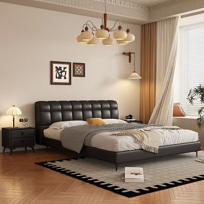 Modern Bedroom With Tufted Leather Headboard Gray Comforter Yellow Pillow Nightstands Table Lamp And Artworks 3d model