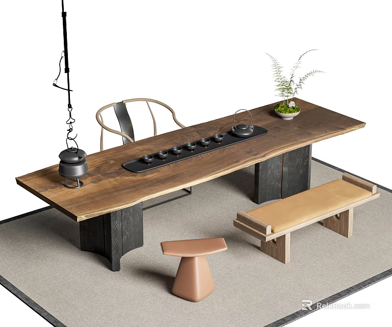 Natural Wooden Tea Table And Chairs Featuring Bench Stool Tea Set And Potted Plant 3d model 