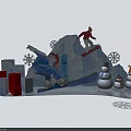 Festive Winter Scene Featuring Snow Mountain Skiers Snowmen And Snowflake Decorations