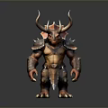 Fantasy Game Character with Red Horns Muscular Body Brown Armor and Clawed Feet