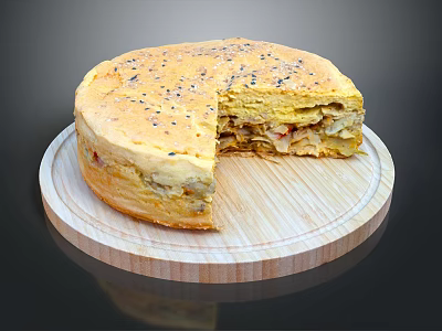 Savory Stuffed Pie With Sesame Seeds Topping On Wooden Board Sliced Piece Showing Delicious Filling 3d model