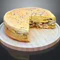 Savory Stuffed Pie With Sesame Seeds Topping On Wooden Board Sliced Piece Showing Delicious Filling