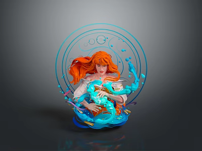Orange Haired Female In White Outfit Holding Blue Coiled Magical Serpent Creature With Glowing Aura 3d model