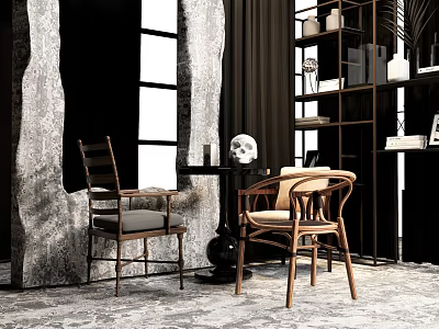 Modern Wooden Dining Table Set With Chairs Decorative Items And Bookshelf 3d model