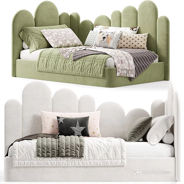 Sectional Sofa In Green And White With Colorful Pillows And Cozy Throw Blanket 3d model 