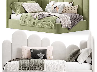 Sectional Sofa In Green And White With Colorful Pillows And Cozy Throw Blanket 3d model