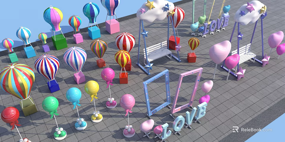 Inflatable Decorations with Colorful Hot Air Balloons Balloons Heart Shapes LOVE Letters Clouds and Bench 3d model 