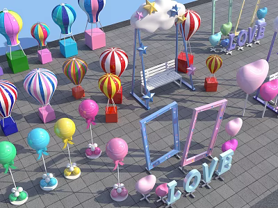 Inflatable Decorations with Colorful Hot Air Balloons Balloons Heart Shapes LOVE Letters Clouds and Bench 3d model