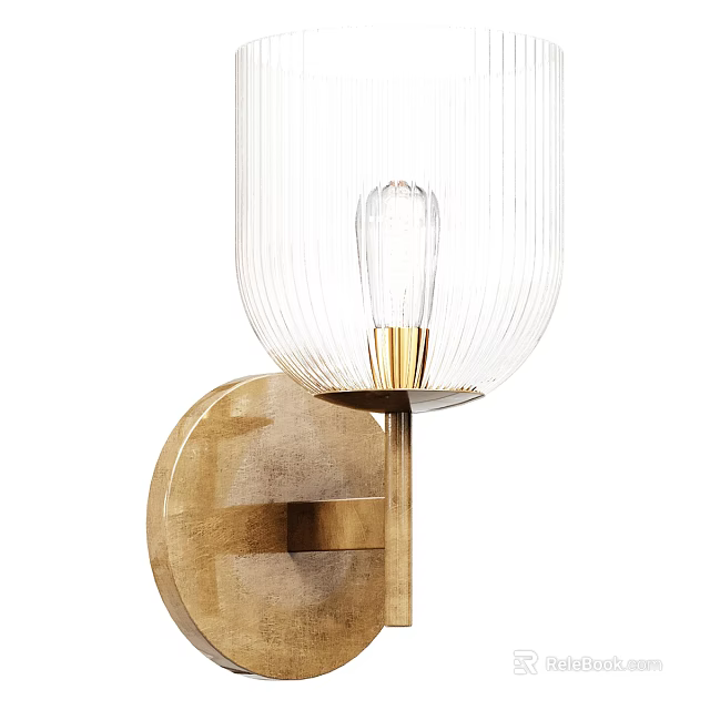Modern Wall Lamp With Transparent Ribbed Glass Shade And Gold Metal Base 3d model 