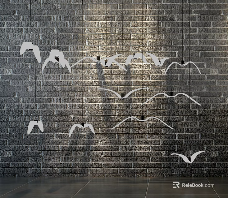Seagull Shaped Chandeliers Hanging On Dark Brick Wall In Flying Formation With Modern Artistic Design 3d model 