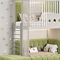 Children's Bunk Bed With Light Blue Gray Ladder Safety Railing Soft Mattress And Wall Decorations