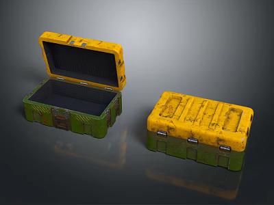Worn Yellow And Green Storage Cases With Open And Closed Textured Designs 3d model