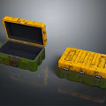 Worn Yellow And Green Storage Cases With Open And Closed Textured Designs