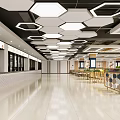 Modern Cafeteria Interior With Hexagonal Ceiling Lights Spacious Floor And Wooden Tables 3d model