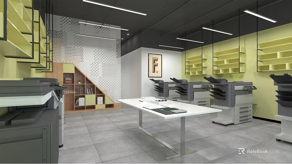 Modern Print Shop Office Interior Featuring White Table Printers Yellow Shelves And Staircase 3d model 