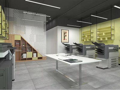 Modern Print Shop Office Interior Featuring White Table Printers Yellow Shelves And Staircase 3d model
