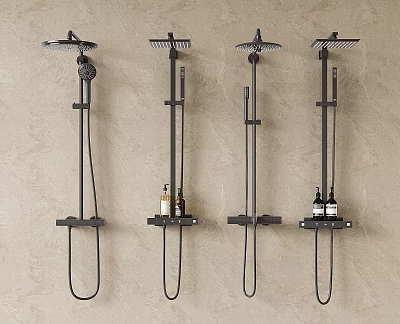 Modern Black Wall Mounted Shower Systems With Shelves Holding Toiletries On Beige Textured Wall 3d model